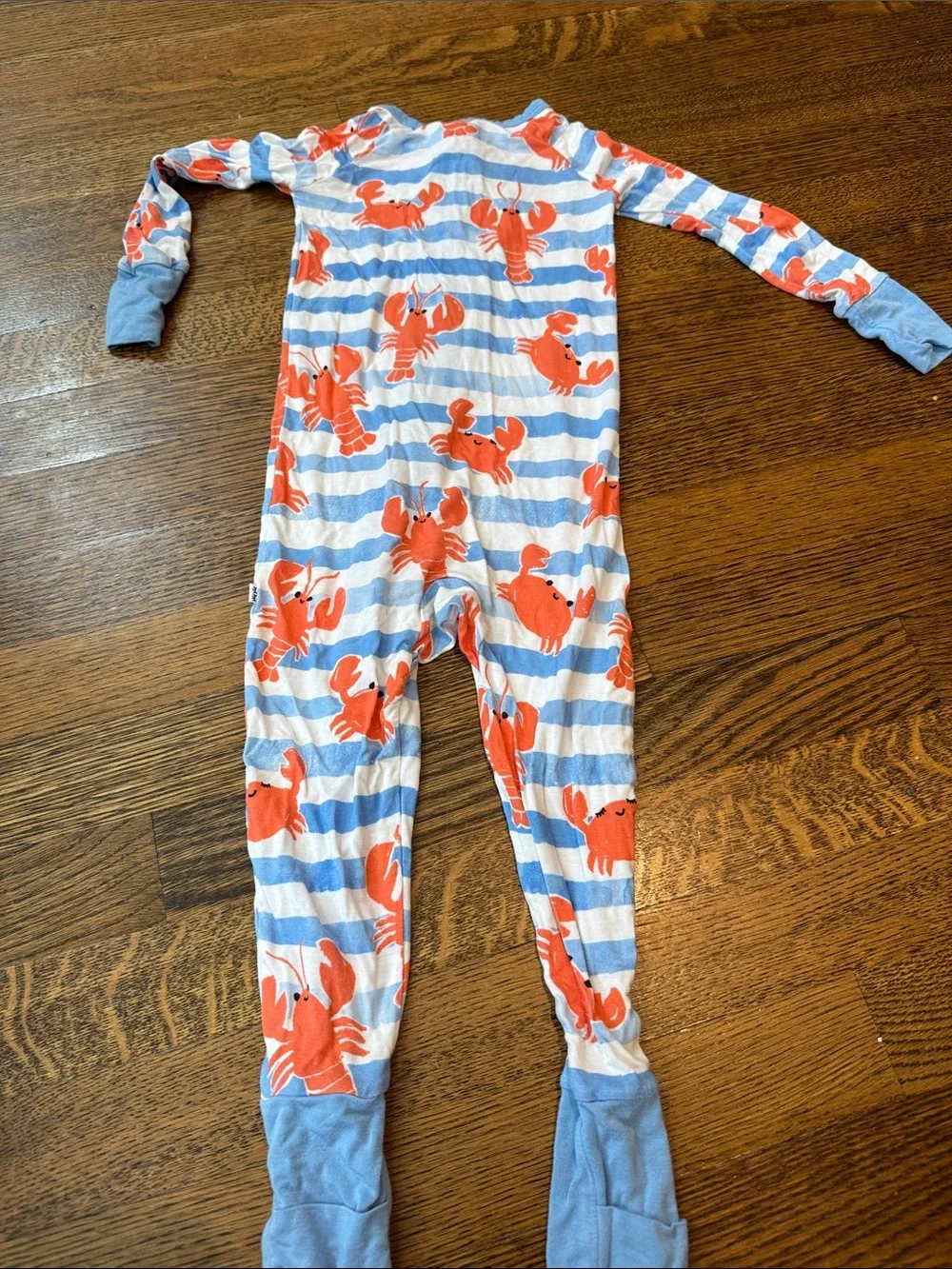 Little Sleepies Blue & White Striped Footie with Red Lobsters